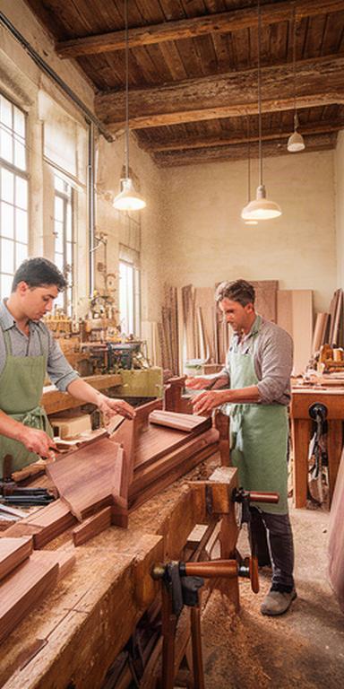 Falegnami al lavoro tra banchi, morsetti e pannelli in legno nel laboratorio ligure