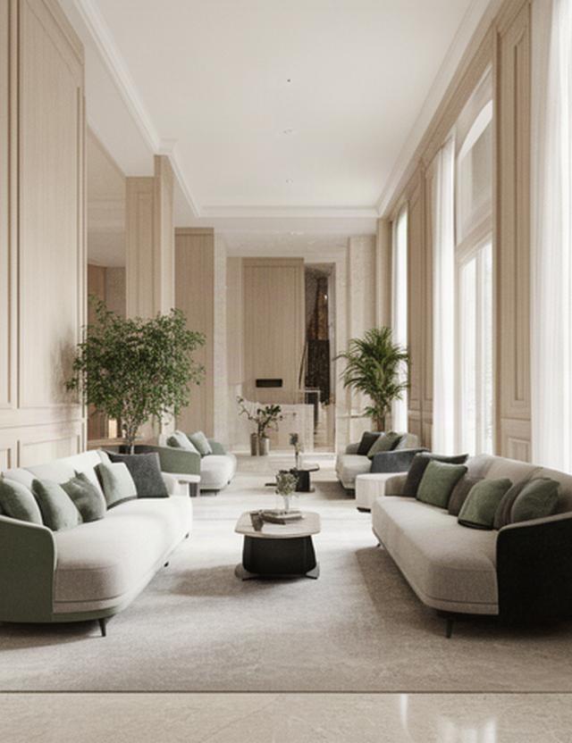 Hall di hotel con divani della linea Urban, boiserie chiara e luce naturale