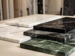 Lastre campione di marmo Carrara, Nero Marquina e Verde Alpi nella sala materiali