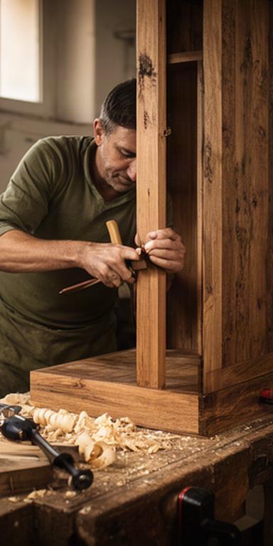 Artigiano al lavoro su un mobile in legno nell'atelier di Ventimiglia