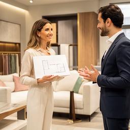 Piante Terbonati nello showroom mentre consulta una planimetria con un cliente
