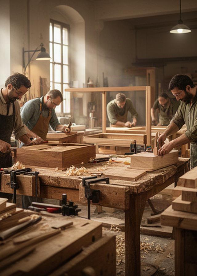 Artigiani al lavoro nel laboratorio di Resentello, con tavoli in legno massello e utensili da falegnameria
