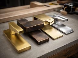 Dettagli di ottone satinato, bronzo brunito e acciaio inox 304 su tavolo da lavoro