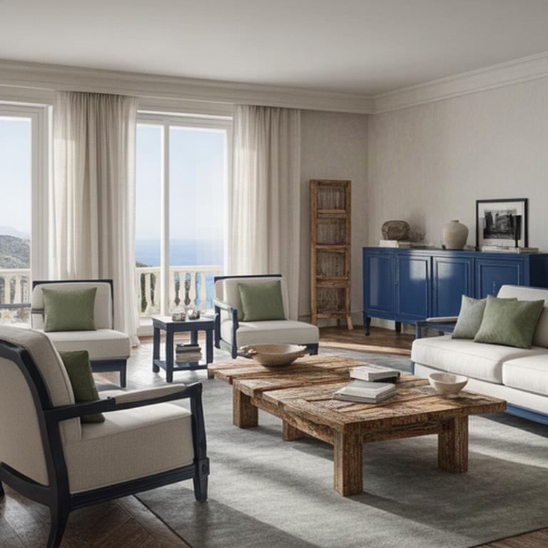 Soggiorno elegante della linea Riviera con legno di recupero, arredi azzurri e luce naturale ligure