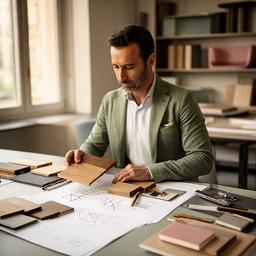 Heiko Kifishina nel reparto progettazione con campioni di legno e disegni tecnici